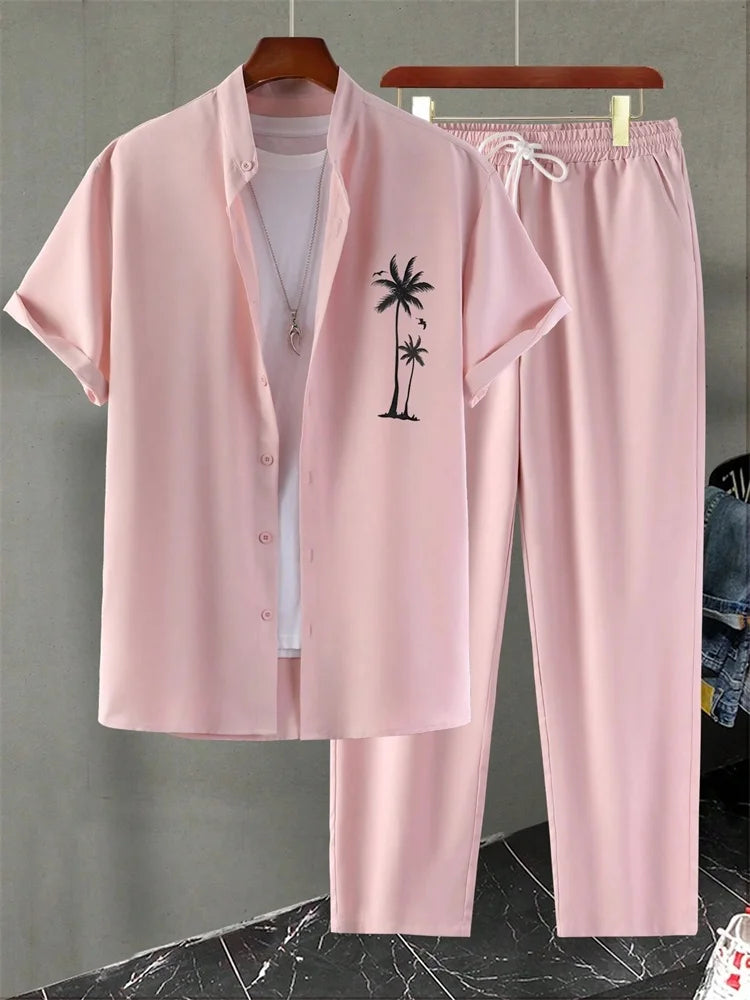 2025 Herbst Einfaches gestreiftes 3D-gedrucktes Herren Herbst-Hemden-Set, Urban Street Fashion Trend Herren 2-teiliges Set, Einfach und lässig