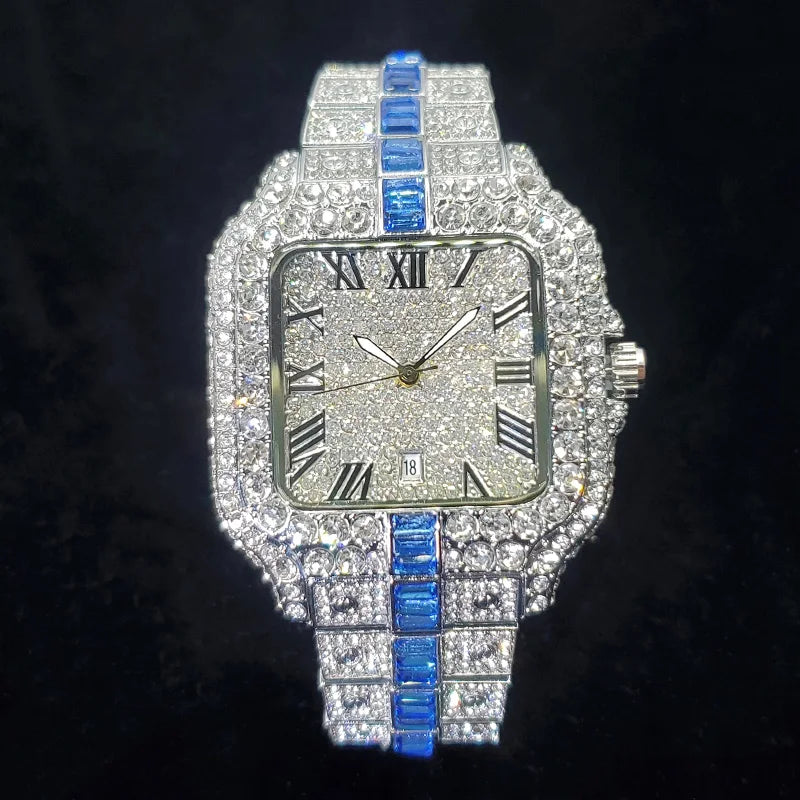 Uniguet Iced Out Square Watch with Blue Accents