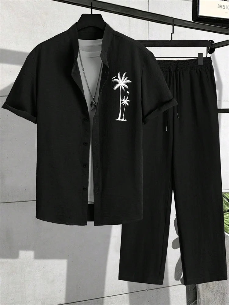 2025 Herbst Einfaches gestreiftes 3D-gedrucktes Herren Herbst-Hemden-Set, Urban Street Fashion Trend Herren 2-teiliges Set, Einfach und lässig