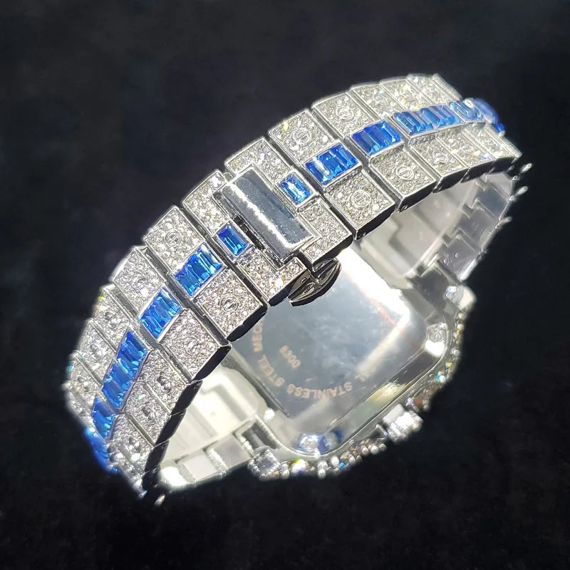 Uniguet Iced Out Square Watch with Blue Accents
