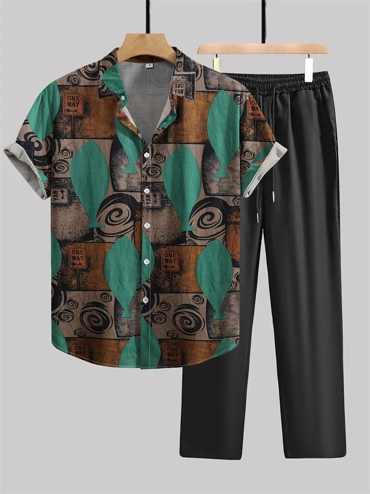 2025 Herbst Einfaches gestreiftes 3D-gedrucktes Herren Herbst-Hemden-Set, Urban Street Fashion Trend Herren 2-teiliges Set, Einfach und lässig