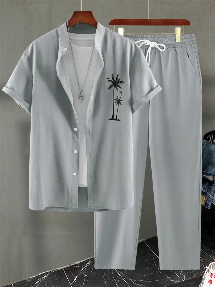 2025 Herbst Einfaches gestreiftes 3D-gedrucktes Herren Herbst-Hemden-Set, Urban Street Fashion Trend Herren 2-teiliges Set, Einfach und lässig