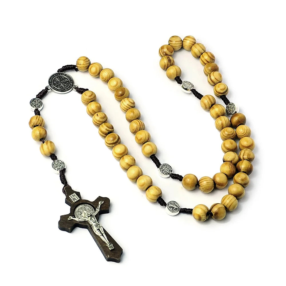 10MM Holzperlen Rosenkranz Kreuz Halskette für Frauen Männer Christliche Jungfrau Maria INRI Anhänger Kette Mode Religion Schmuck