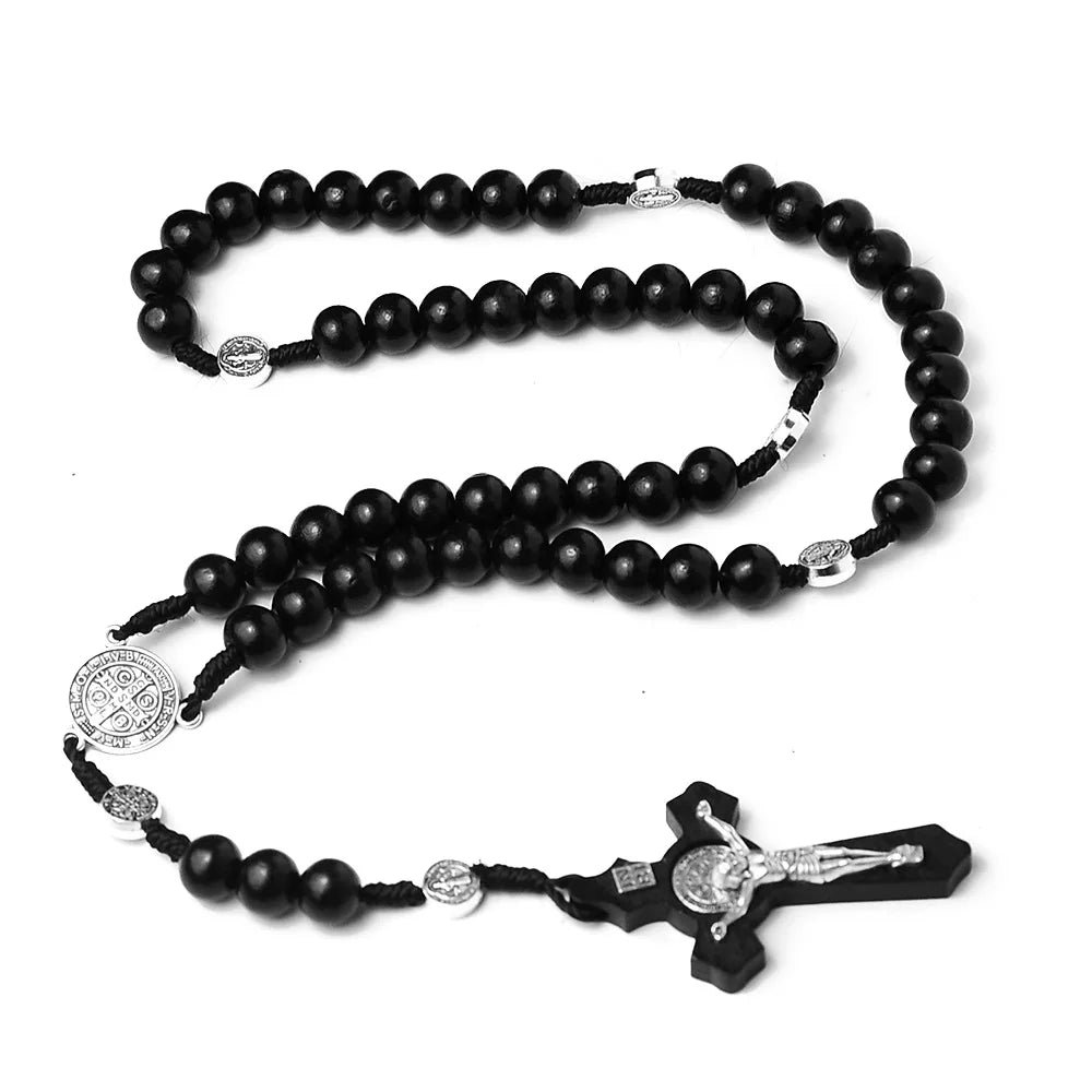 10MM Holzperlen Rosenkranz Kreuz Halskette für Frauen Männer Christliche Jungfrau Maria INRI Anhänger Kette Mode Religion Schmuck