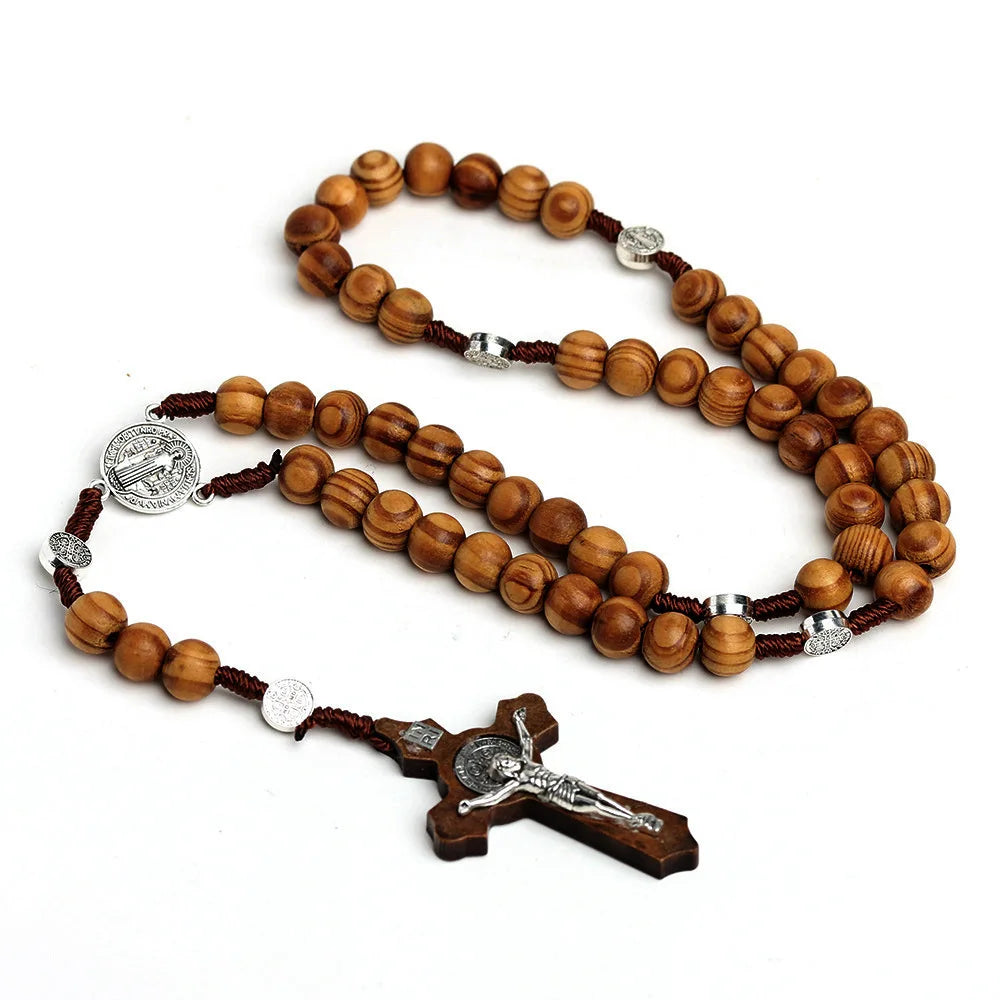 10MM Holzperlen Rosenkranz Kreuz Halskette für Frauen Männer Christliche Jungfrau Maria INRI Anhänger Kette Mode Religion Schmuck