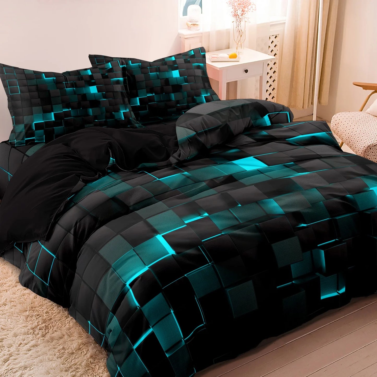 Luxury Geometric Grid Duvet Cover Set – 3 Piece Bedding Collection
