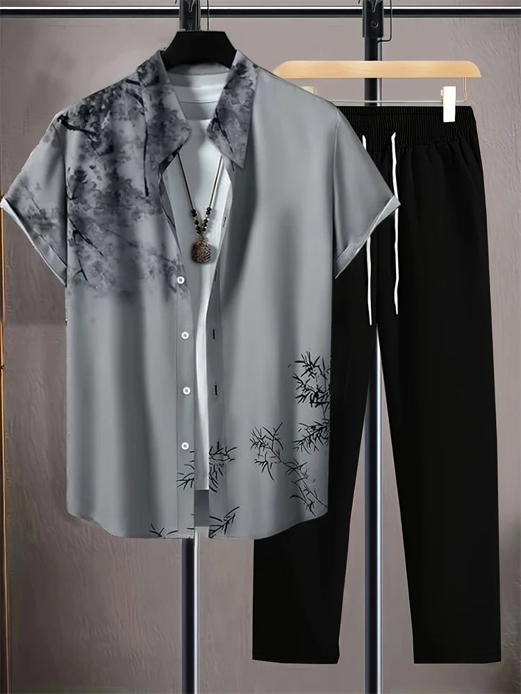 2025 Herbst Einfaches gestreiftes 3D-gedrucktes Herren Herbst-Hemden-Set, Urban Street Fashion Trend Herren 2-teiliges Set, Einfach und lässig