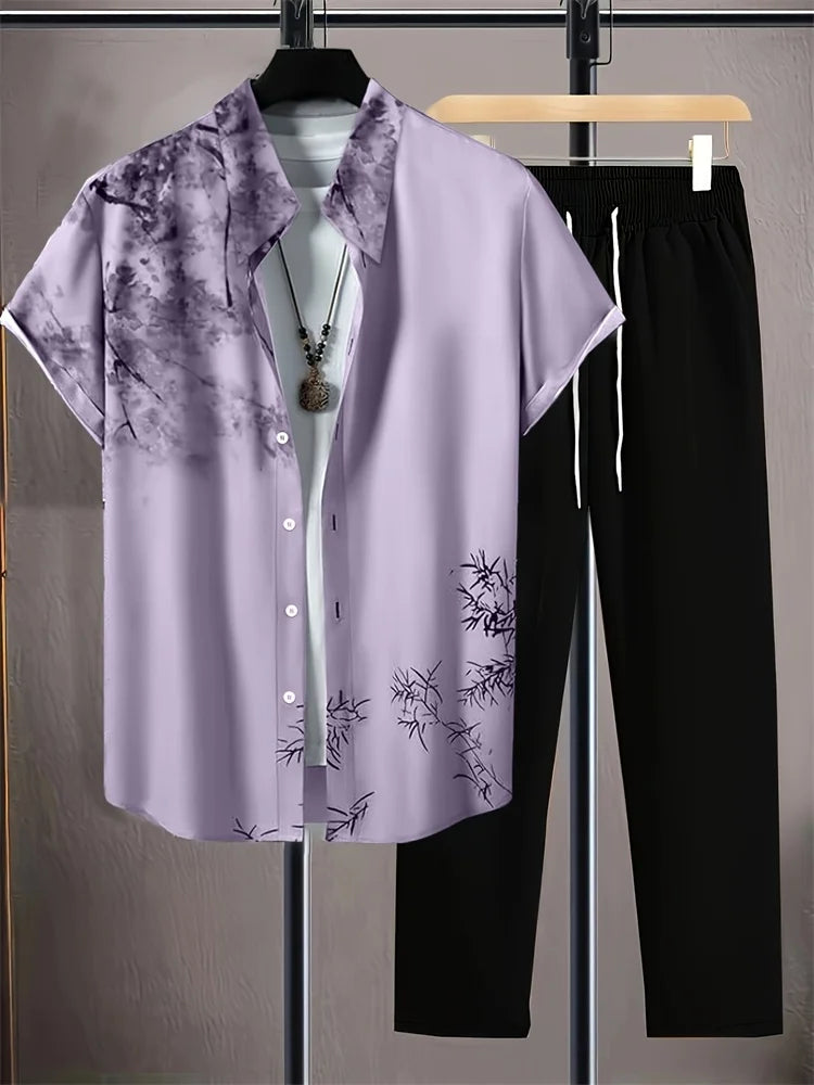 2025 Herbst Einfaches gestreiftes 3D-gedrucktes Herren Herbst-Hemden-Set, Urban Street Fashion Trend Herren 2-teiliges Set, Einfach und lässig