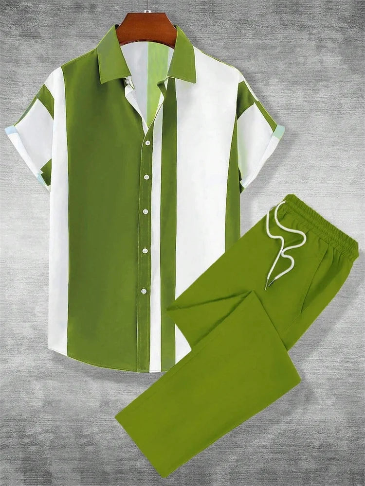 2025 Herbst Einfaches gestreiftes 3D-gedrucktes Herren Herbst-Hemden-Set, Urban Street Fashion Trend Herren 2-teiliges Set, Einfach und lässig