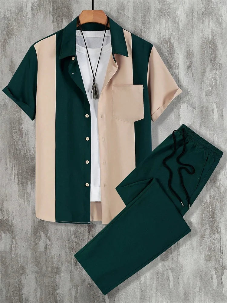 2025 Herbst Einfaches gestreiftes 3D-gedrucktes Herren Herbst-Hemden-Set, Urban Street Fashion Trend Herren 2-teiliges Set, Einfach und lässig