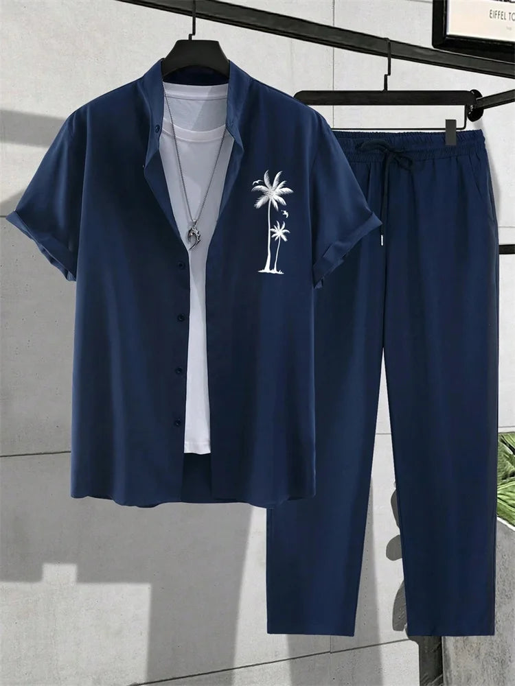 2025 Herbst Einfaches gestreiftes 3D-gedrucktes Herren Herbst-Hemden-Set, Urban Street Fashion Trend Herren 2-teiliges Set, Einfach und lässig