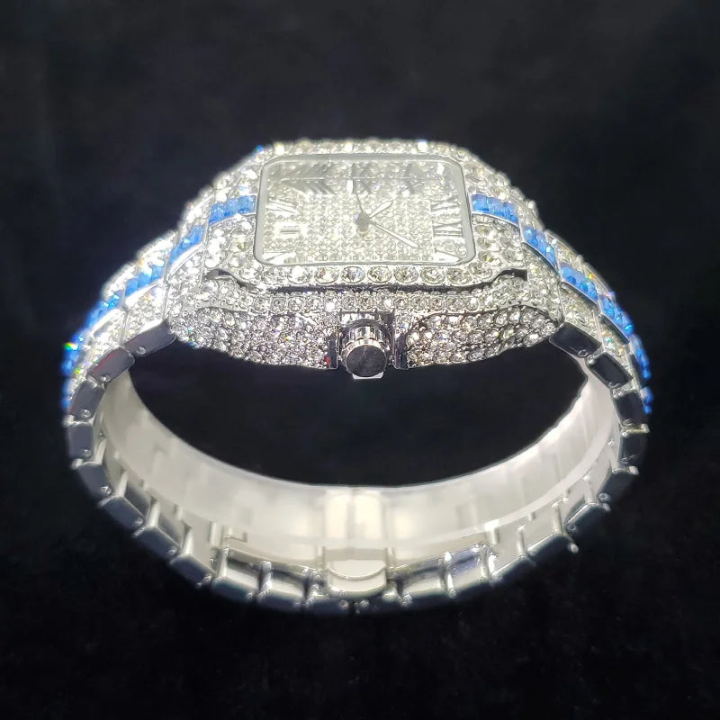Uniguet Iced Out Square Watch with Blue Accents