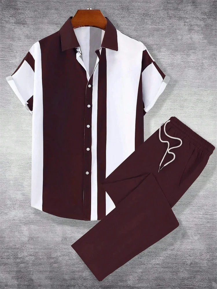2025 Herbst Einfaches gestreiftes 3D-gedrucktes Herren Herbst-Hemden-Set, Urban Street Fashion Trend Herren 2-teiliges Set, Einfach und lässig