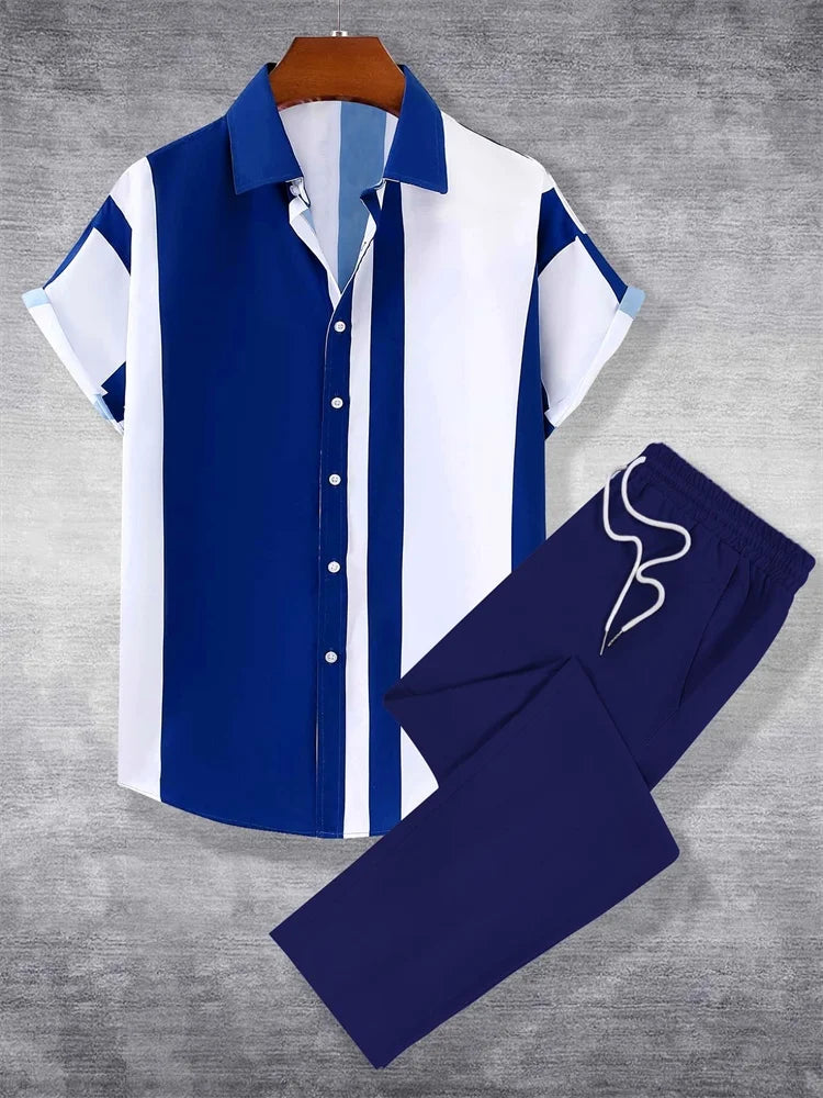2025 Herbst Einfaches gestreiftes 3D-gedrucktes Herren Herbst-Hemden-Set, Urban Street Fashion Trend Herren 2-teiliges Set, Einfach und lässig
