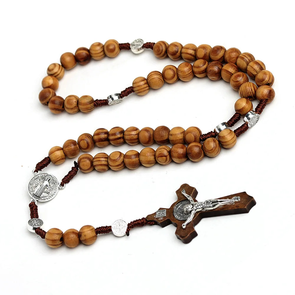 10MM Holzperlen Rosenkranz Kreuz Halskette für Frauen Männer Christliche Jungfrau Maria INRI Anhänger Kette Mode Religion Schmuck