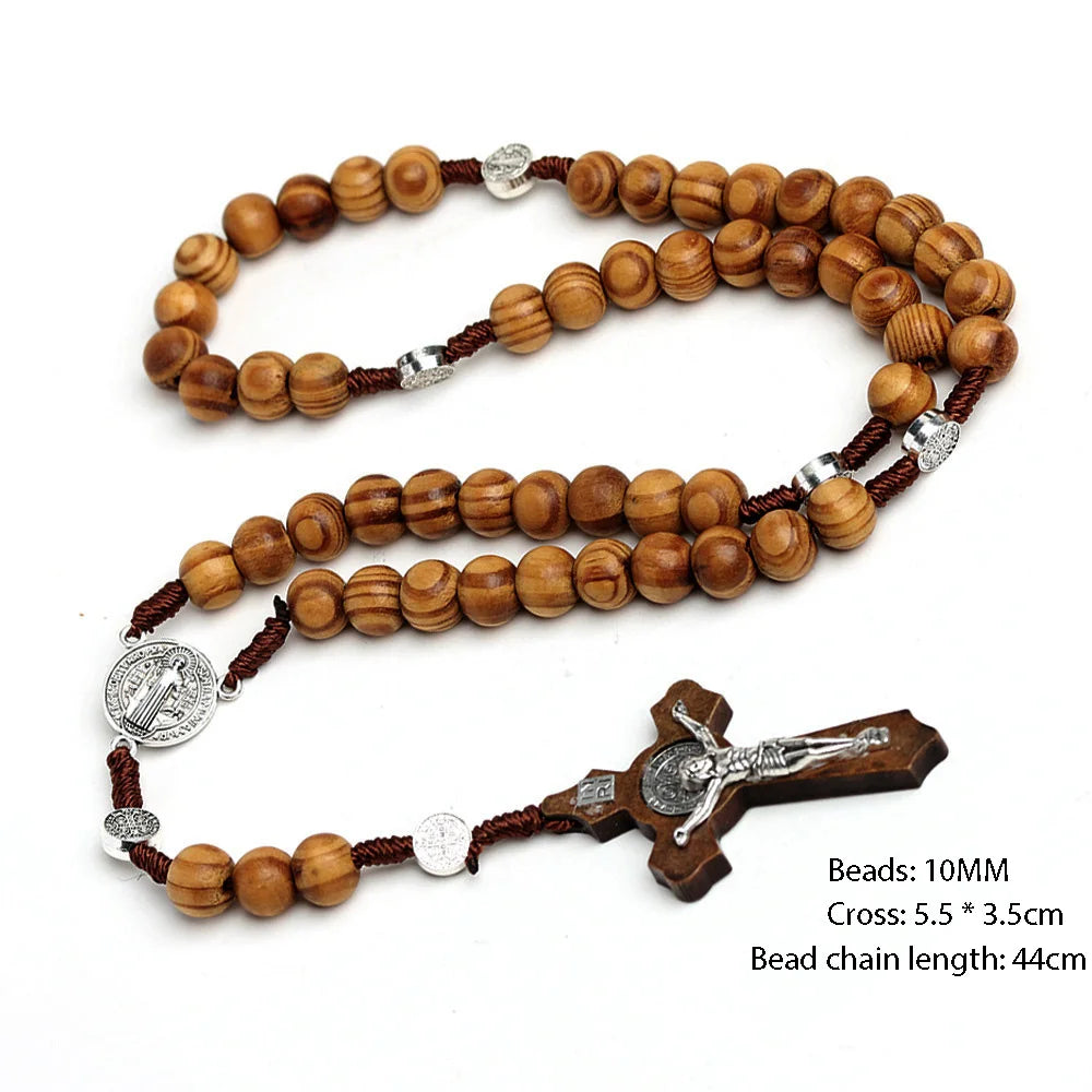 10MM Holzperlen Rosenkranz Kreuz Halskette für Frauen Männer Christliche Jungfrau Maria INRI Anhänger Kette Mode Religion Schmuck