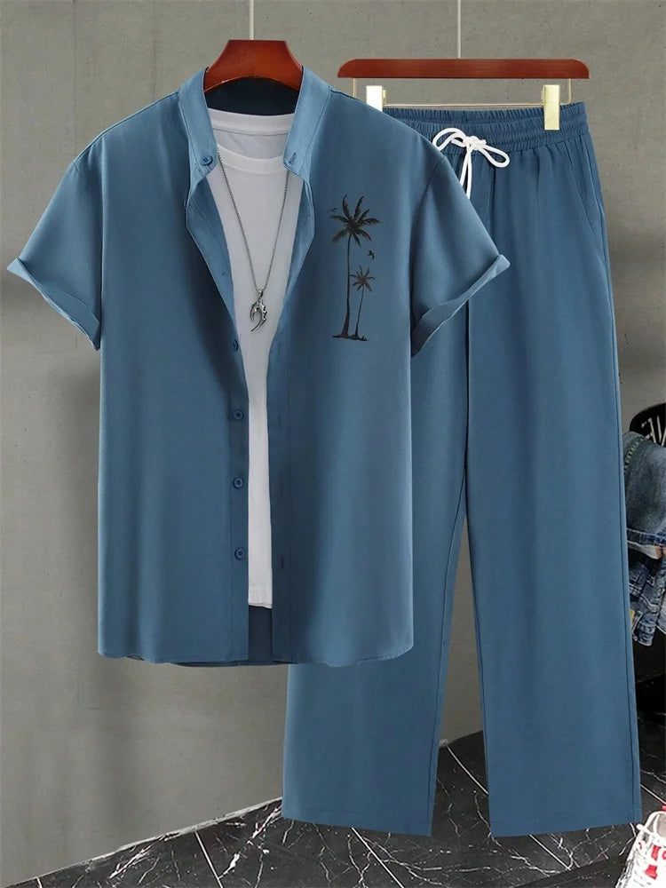 2025 Herbst Einfaches gestreiftes 3D-gedrucktes Herren Herbst-Hemden-Set, Urban Street Fashion Trend Herren 2-teiliges Set, Einfach und lässig