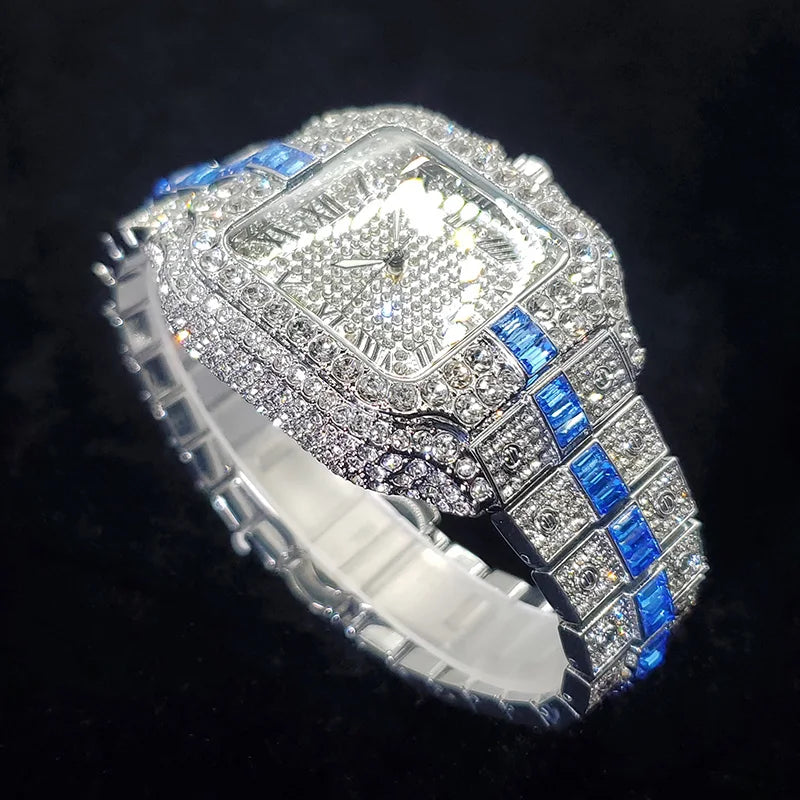 Uniguet Iced Out Square Watch with Blue Accents