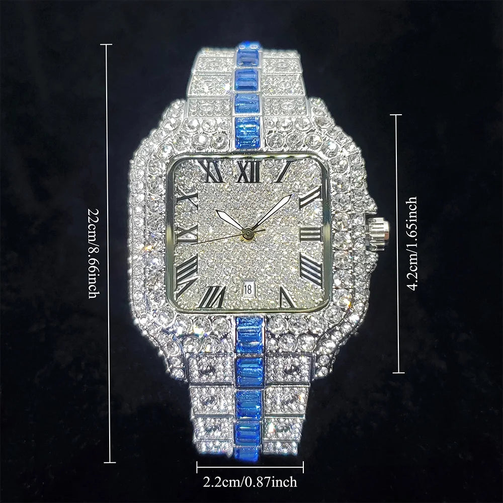 Uniguet Iced Out Square Watch with Blue Accents