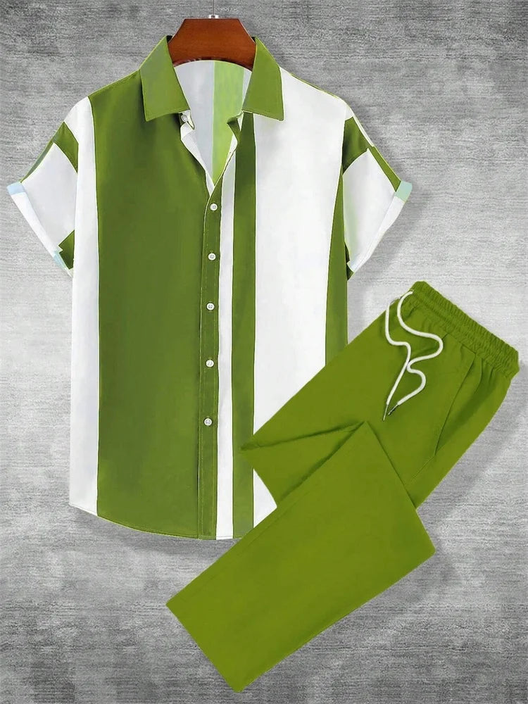 2025 Herbst Einfaches gestreiftes 3D-gedrucktes Herren Herbst-Hemden-Set, Urban Street Fashion Trend Herren 2-teiliges Set, Einfach und lässig