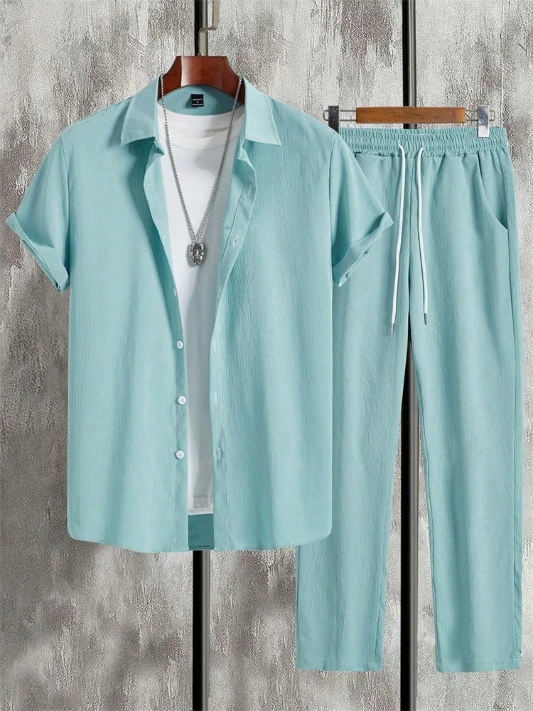 2025 Herbst Einfaches gestreiftes 3D-gedrucktes Herren Herbst-Hemden-Set, Urban Street Fashion Trend Herren 2-teiliges Set, Einfach und lässig