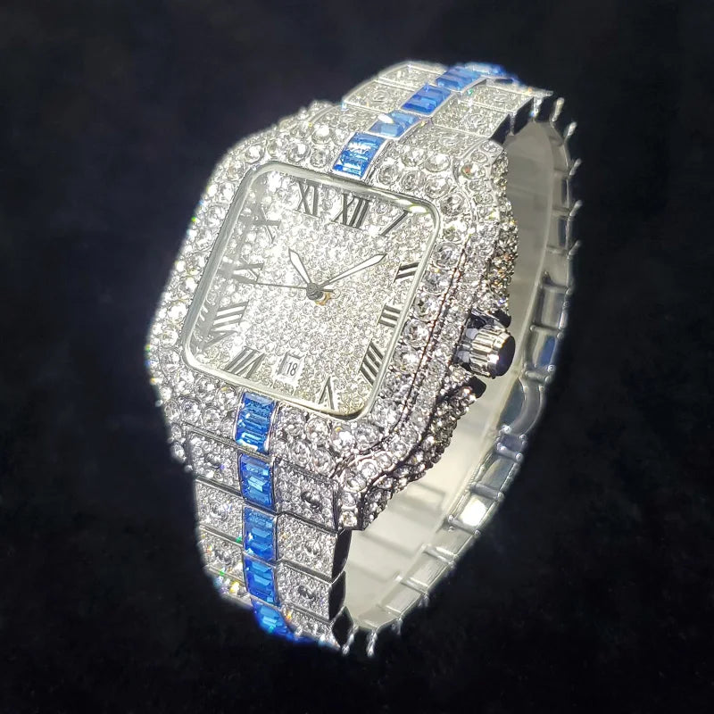 Uniguet Iced Out Square Watch with Blue Accents