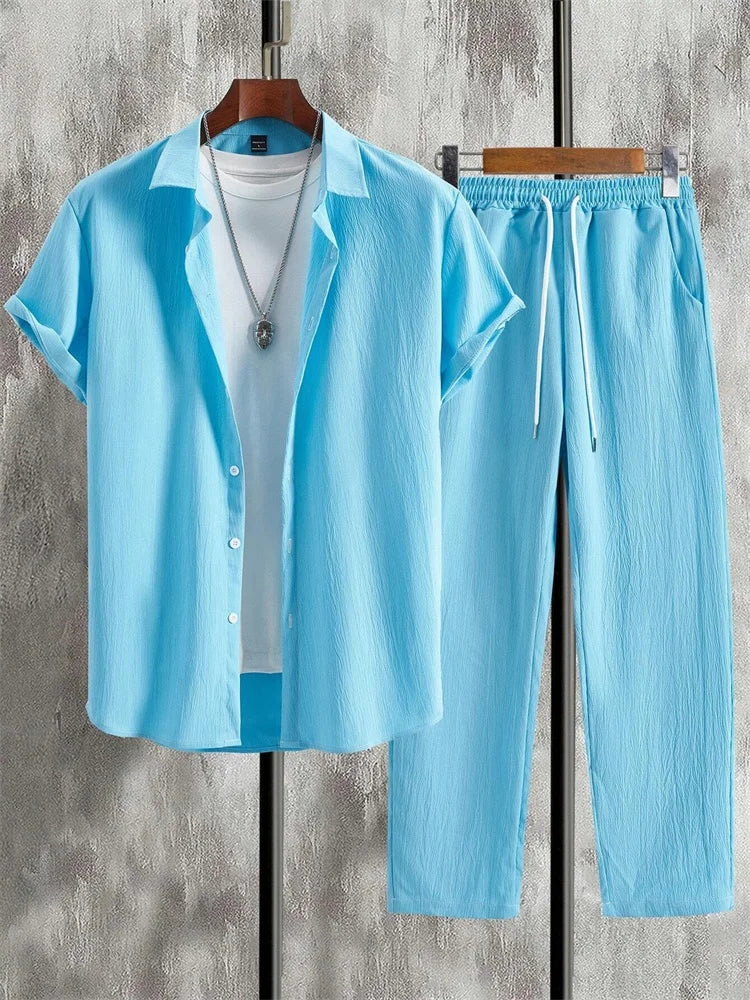 2025 Herbst Einfaches gestreiftes 3D-gedrucktes Herren Herbst-Hemden-Set, Urban Street Fashion Trend Herren 2-teiliges Set, Einfach und lässig