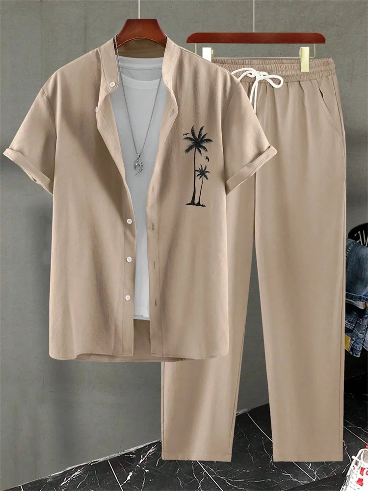 2025 Herbst Einfaches gestreiftes 3D-gedrucktes Herren Herbst-Hemden-Set, Urban Street Fashion Trend Herren 2-teiliges Set, Einfach und lässig
