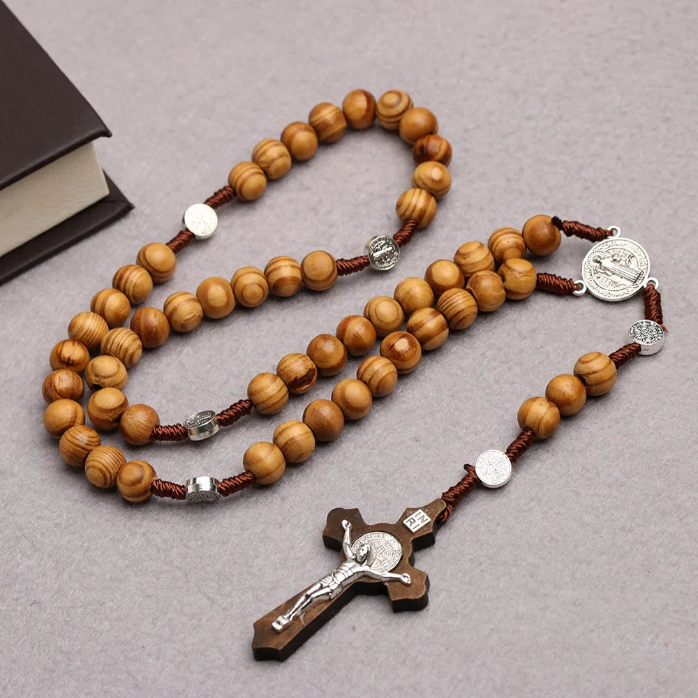 10MM Holzperlen Rosenkranz Kreuz Halskette für Frauen Männer Christliche Jungfrau Maria INRI Anhänger Kette Mode Religion Schmuck
