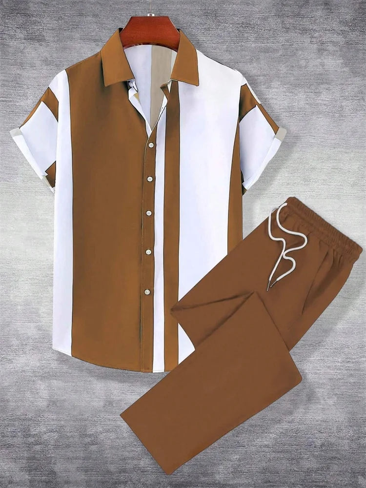 2025 Herbst Einfaches gestreiftes 3D-gedrucktes Herren Herbst-Hemden-Set, Urban Street Fashion Trend Herren 2-teiliges Set, Einfach und lässig